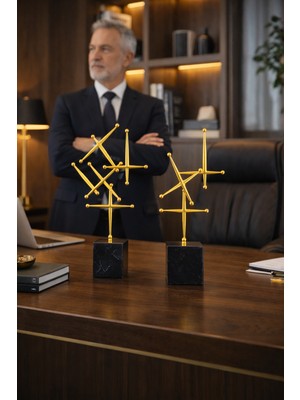 Vinner Kalyx Gold Dekoratif Obje Seti 2’li – Metal Mermer Kaideli Modern Salon Ofis Masa Dekoru