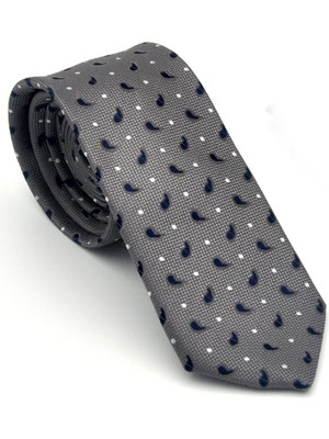 Gaffy Beyaz Lacivert Desenli Gri Dokuma Kumaş Mendilli Slim Fit Kravat // SDK-2612-3
