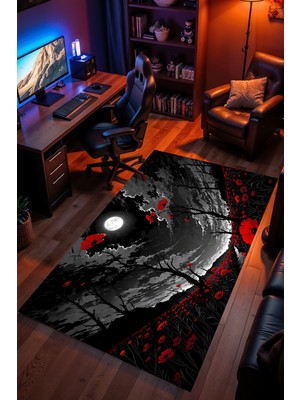 Charmbi Gelincik Tarlası Desenli Halı – Kaymaz Taban Kadife Dokulu Makinede Yıkanabilir Gamer Genç Odası Halısı