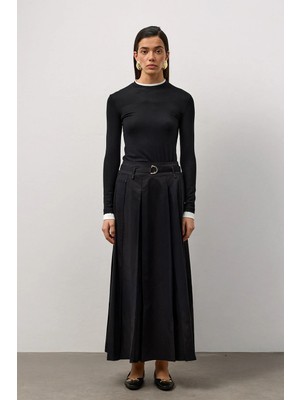 Molene Siyah Zarif Kemerli Pile Detaylı Etek