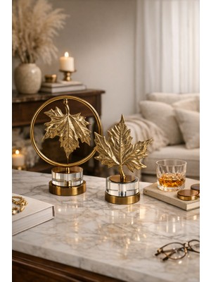 Vinner Altara Gold Yaprak Dekoratif Obje Seti 2’li – Metal Cam Masa Üstü Ofis ve Salon Dekoru