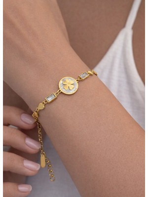 Biju Yılmaz Çelik Gold Kalpli Taşlı Yonca Bileklik - 26BLK06