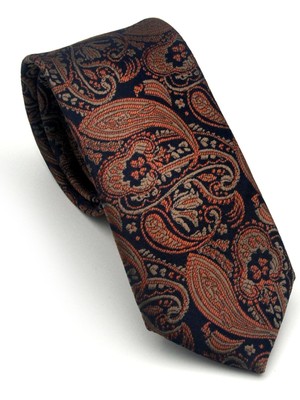Gaffy Kahverengi Şal Desenli Lacivert Dokuma Kumaş Mendilli Slim Fit Kravat // SDK-2607-5