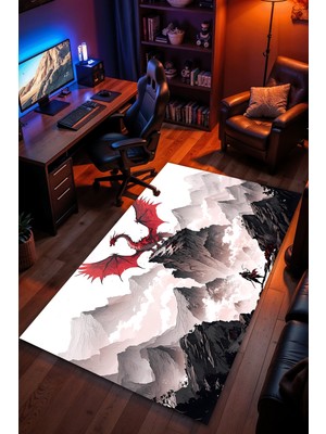 Charmbi Ejderha Savaşçısı Desenli Halı – Kaymaz Taban Kadife Dokulu Makinede Yıkanabilir Gamer Genç Odası Halısı