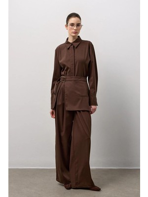 Molene Kahverengi Çıkarılabilir Kapak Detaylı Yüksek Bel Pantolon