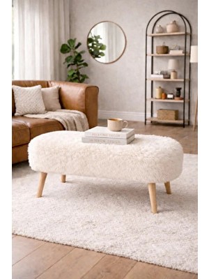Dekor Mobilyacım Paris Retro Ahşap Ayaklı Geniş Oturum Alanlı Oval Bench Puf Beyaz