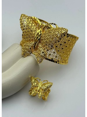 Biju Yılmaz Vip 22K Altın Kaplama Kelebek Yüzük Kelepçe Set - 2622KLP10