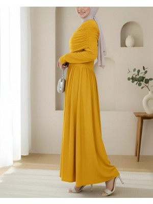 Modamorfo Pile Detaylı Uzun Sandy Elbise -Sarı