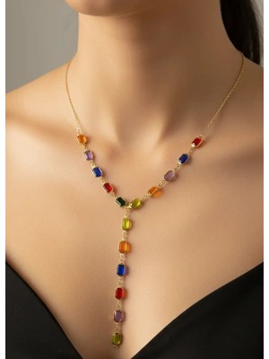 Biju Yılmaz Çelik Gold Renkli Taşlı Y Kolye - 25-CLKK159