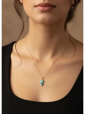 Biju Yılmaz Çelik Gold Turkuaz Deniz Kabuğu Kolye - 25-CLKK163