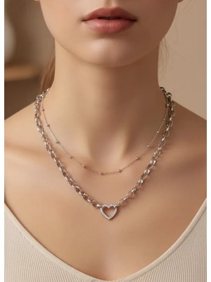 Biju Yılmaz Çelik Silver Ikili Kalp Kolye - 25-CLKK232