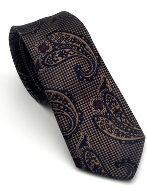 Gaffy Kahverengi Şal Desenli Lacivert Dokuma Kumaş Mendilli Slim Fit Kravat // SDK-2606-2