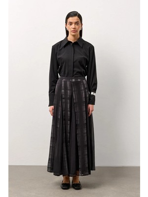 Molene Siyah Ekose Desenli Şifon Etek