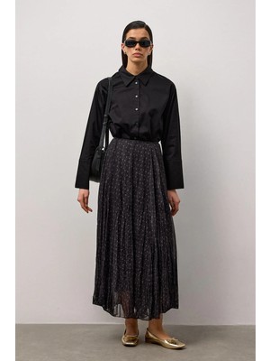 Molene Siyah Şifon Desenli Etek