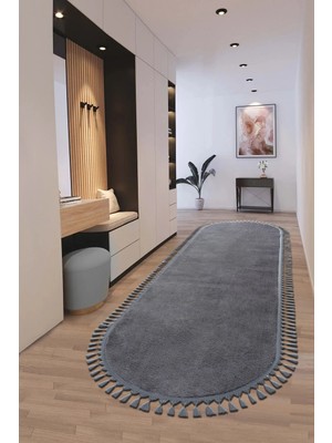 Saraz Halı Puffy Gri Oval Örgü Saçaklı Peluş Yumuşacık Yıkanabilir Kaymaz Taban Halı Salon Oturma Odası