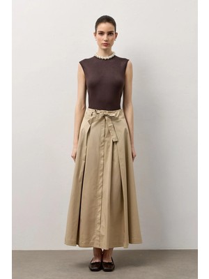 Molene Bej Belden Bağlamalı Pile Detaylı Kloş Etek
