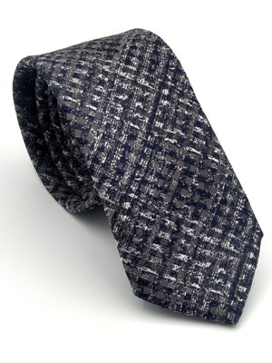 Gaffy Gri Desenli Lacivert Dokuma Kumaş Mendilli Slim Fit Kravat // SDK-2602-2