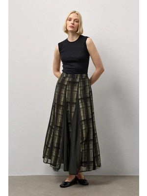 Molene Haki Ekose Desenli Şifon Etek