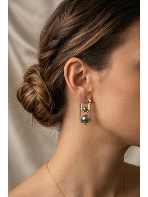 Lykos Çelik Gold Kadın Geometrik Füme Inci Detaylı Küpe