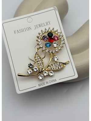 Biju Yılmaz Vip Gold Renkli Taşlı Ayçicek Broş - 26BRS16