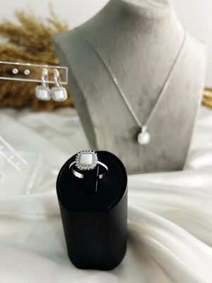 Generic 925 Ayar Gümüş Mavi Opal Taşlı Kadın Kolye, Küpe ve Yüzük Seti -Şık Tasarım