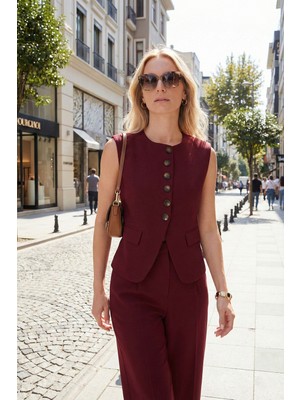 Lela Ön Yırtmaç Detaylı Fitted Fit Bisiklet Yaka Düğmeli Yelek Bayan Yelek 6521194