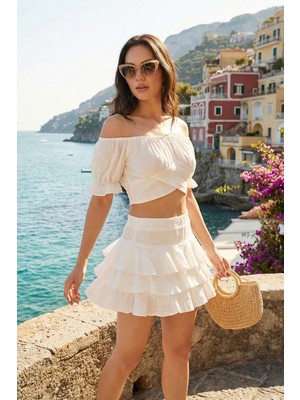 Lela Pamuklu Regular Fit Fırfırlı Mini Müslin Şort Etek Bayan Etek 5866662