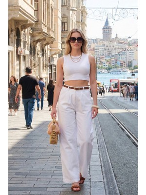 Lela Pamuklu Wide Leg Yüksek Bel Geniş Paça Kemerli Pantolon Bayan Pantolon 668YP5429