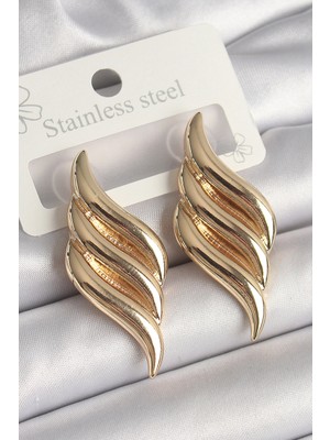 Bazarhane Pirinç Gold Renk 3 Sıra Dalga Model Kadın Küpe