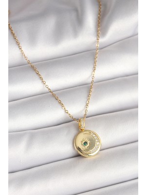Bazarhane 316L Çelik Gold Renk Zincir Zirkon Taş Işlemeli Hilal Yıldız Işlemeli Madalyon Model Kadın Kolye