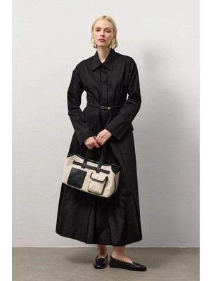 Molene Siyah Kemerli Gömlek Yaka Uzun Elbise