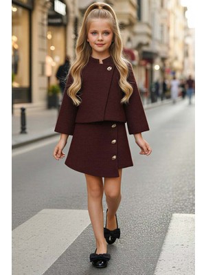 Riccotarz Kız Çocuk Balıkçı Yaka Tek Düğme Ceket Asimetrik Kesim Gold Düğme Detay Bordo Şanel Etekli Takım