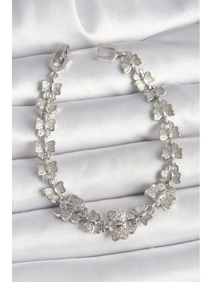 Bazarhane Pirinç Gümüş Renk Zirkon Taşlı Kelebek Model Zincir Kadın Bileklik