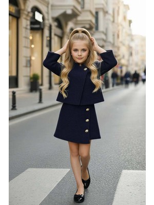 Riccotarz Kız Çocuk Balıkçı Yaka Tek Düğme Ceket Asimetrik Kesim Gold Düğme Detay Lacivert Şanel Etekli Takım