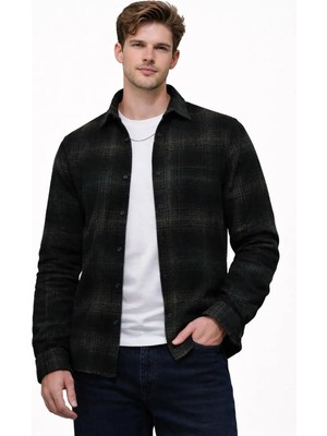 Cococan8 Erkek  Oduncu  Gömlek  Slim Fit Uzun Kol  Ekose Desen  Siyahlı Yumuşak Dokulu