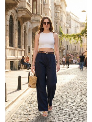 Lela Pamuklu Wide Leg Yüksek Bel Geniş Paça Kemerli Pantolon Bayan Pantolon 668YP5429