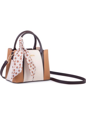 Nas Bag Şık Fularlı Mini  El ve Omuz Çantası Krem Camel Calven