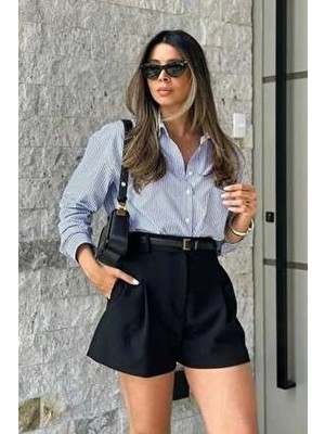 Madmext Siyah Yüksek Bel Wed Leg Pileli Kadın Mini Şort MG2537