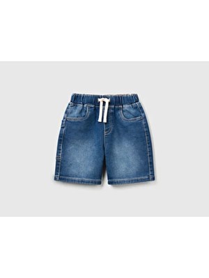 United Colors Of Benetton Erkek Çocuk Koyu Denim Yan Cebi Logo Işlemeli Büzgü Ipli Denim Bermuda Şort