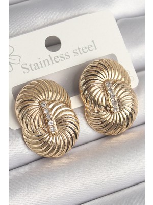 Bazarhane Pirinç Gold Renk Zirkon Taşlı Sarmal Model Kadın Küpe