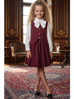 Riccotarz Kız Çocuk Yakasında Kurdela Detaylı Şifon Gömlek ve Yelek, Salaş Pileli Bordo Etekli Takım