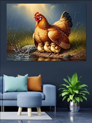 Tablomega Civcivleriyle Duran Anne Tavuk Tablosu Dekoratif Kanvas - Mdf Ahşap Tablo