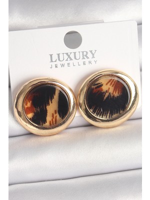 Bazarhane Pirinç Gold Renk Leopar Desen Daire Model Kadın Küpe