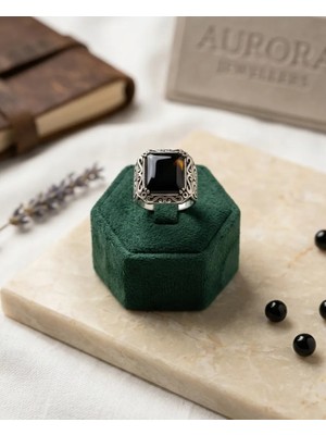 Generic 925 Ayar Gümüş Siyah Taşlı Erkek Yüzük – El Işçiliği/ Ölçü No: 20