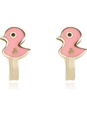 Berk Mücevherat 14 Ayar Altın Pembe Mineli Ördek Figürlü Çocuk Küpesi