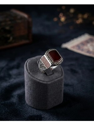 Generic 925 Ayar Gümüş Bordo Taşlı Erkek Yüzük – El Işçiliği/ Ölçü No: 26