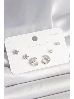 Bazarhane 925 Ayar Gümüş Çivi Zirkon Taşlı Hilal Yıldız Model Kadın Küpe Seti