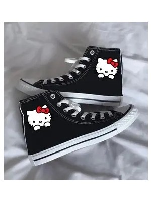 Halloween Hello Kitty Baskılı Siyah Spor Ayakkabı Çocuk Düz Taban Tekstil Malzemeden Üretilmiştir