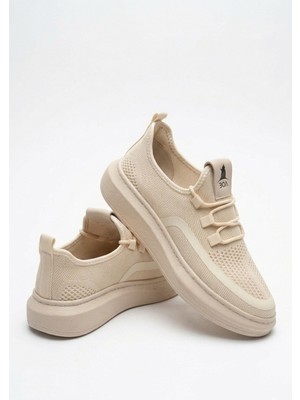 Tarzbu Krem Renk Triko Erkek Bağcıklı Spor Ayakkabı, Özel Örme Tasarım, Poly Taban TARZ0375