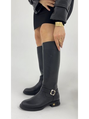 Akça Shoes Siyah Deri Tokalı Çizme